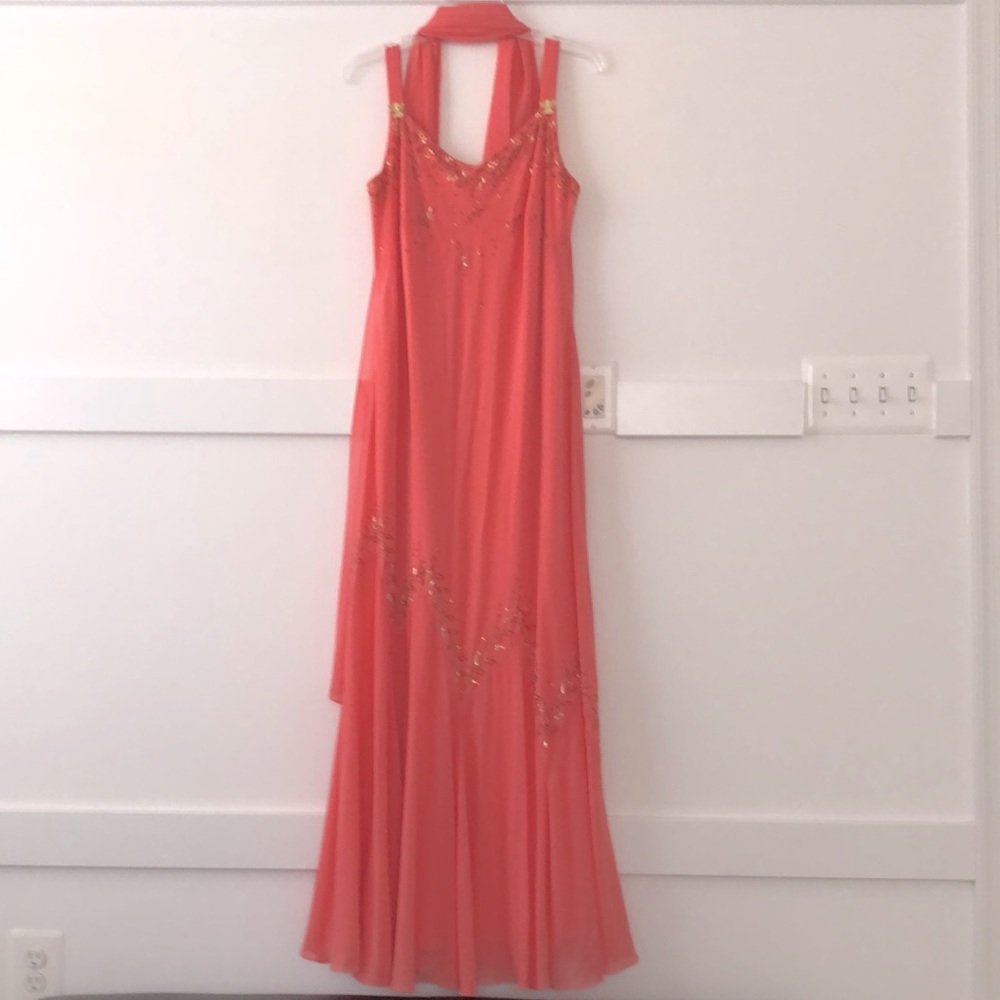 Maxi gown. Peach and gold. Angel pins at shoulders